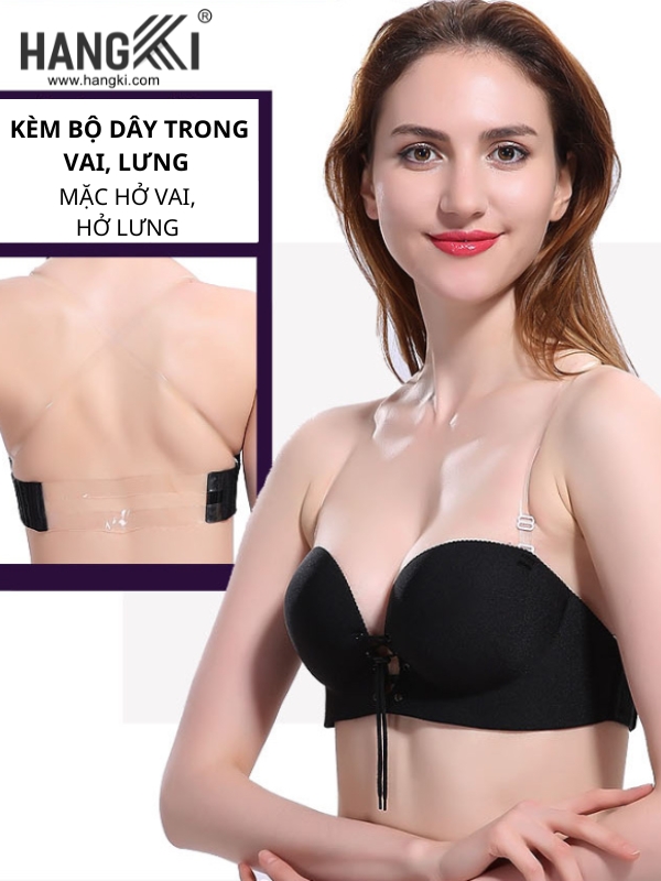 Áo ngực không dây HANGKI màu đen kèm dây trong vai lưng cho trang phục hở vai hở lưng