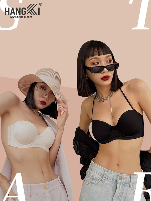 Mẫu nội y bra không gọng màu trắng và đen thương hiệu Hangki trên người mẫu nữ trẻ trung