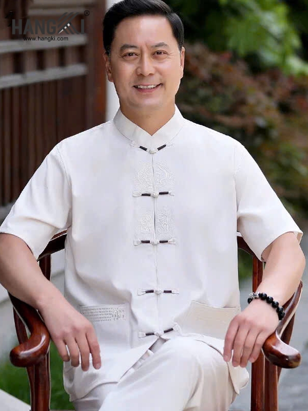 Áo nam trung niên HANGKI màu trắng tay ngắn kiểu cổ tàu cài khuy truyền thống