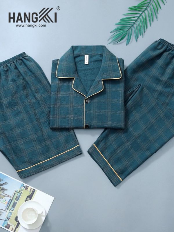 Bộ pijama kẻ caro xanh đậm tay dài quần dài viền vàng thương hiệu Hangki