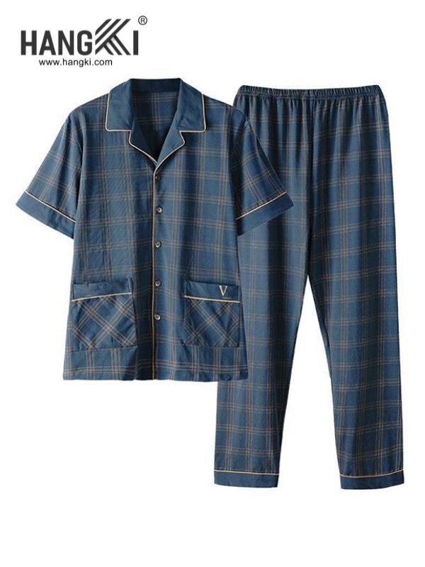 Bộ pijama nam HANGKI kẻ caro xanh tay ngắn quần dài chất vải mềm mại