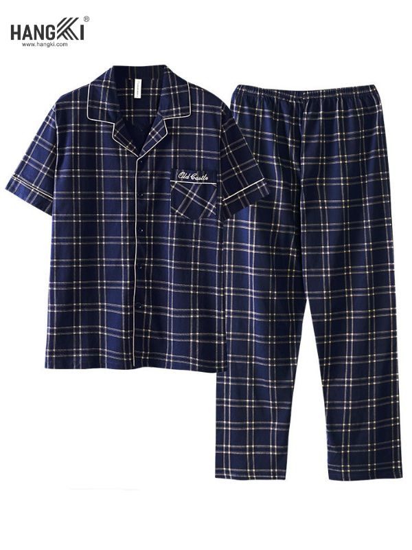 Bộ đồ ngủ kẻ caro xanh navy tay ngắn quần dài vải cotton cho nam thương hiệu Hangki