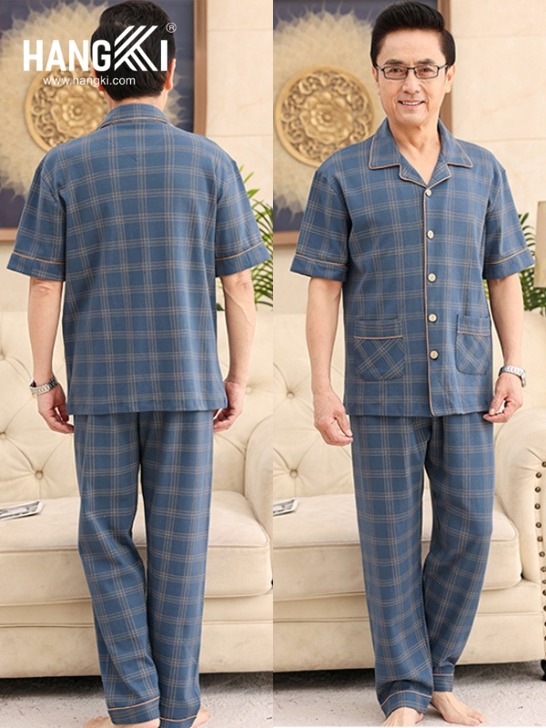Bộ đồ ngủ nam trung niên HANGKI kẻ caro xanh tay ngắn quần dài chất vải mềm mại