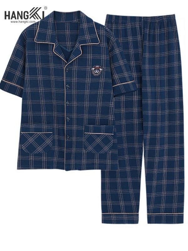 Bộ pijama kẻ caro xanh navy tay ngắn quần dài chất vải mềm mại cho nam