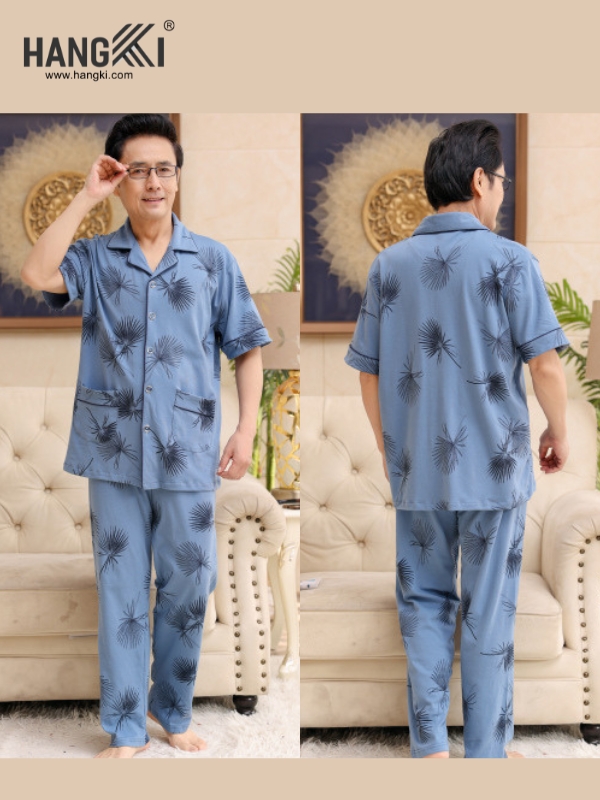 Bộ đồ ngủ nam trung niên HANGKI màu xanh họa tiết lá cọ, chất liệu mỏng nhẹ, dáng rộng rãi