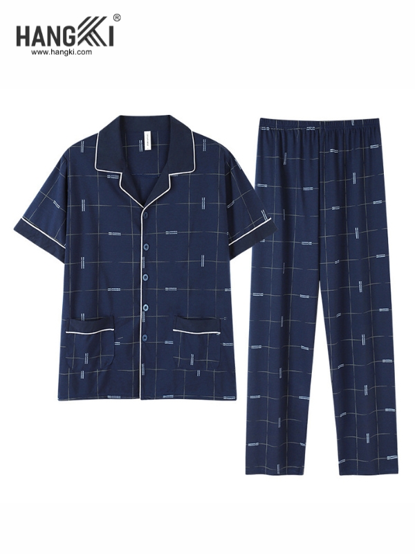 Bộ pijama nam Hangki màu xanh navy tay ngắn quần dài họa tiết kẻ ô