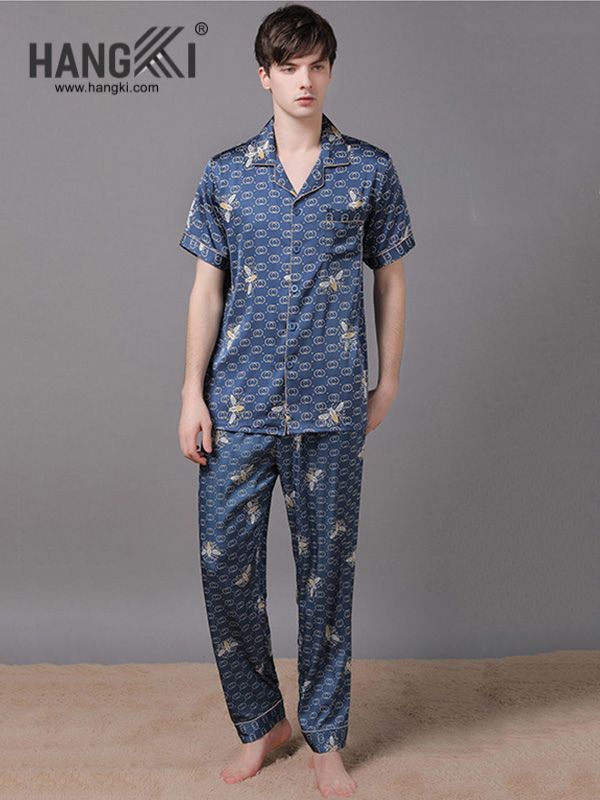 Bộ pijama nam lụa màu xanh họa tiết côn trùng thương hiệu HANGKI