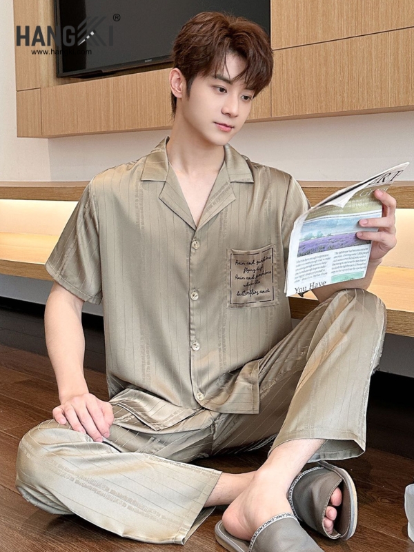 TC121 - Đồ Ngủ Pijama Nam Tay Cộc Quần Dài Lụa