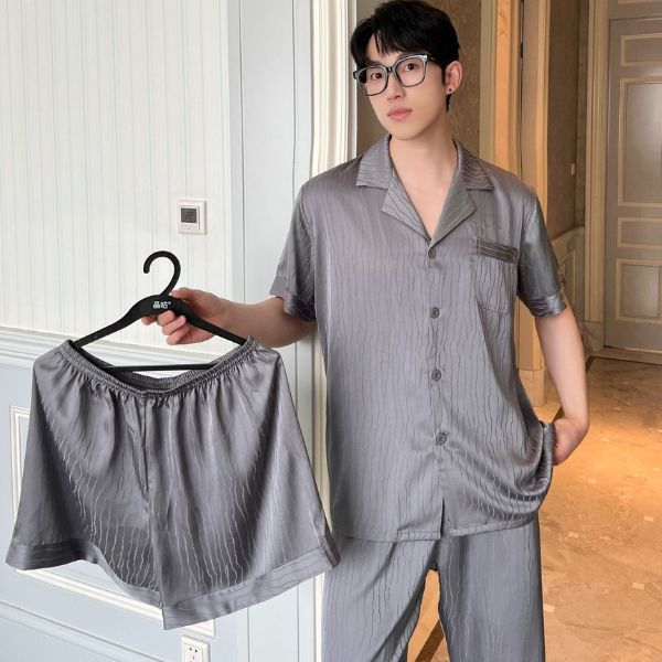 Bộ đồ ngủ lụa nam màu xám tay ngắn quần dài kèm quần short cùng màu