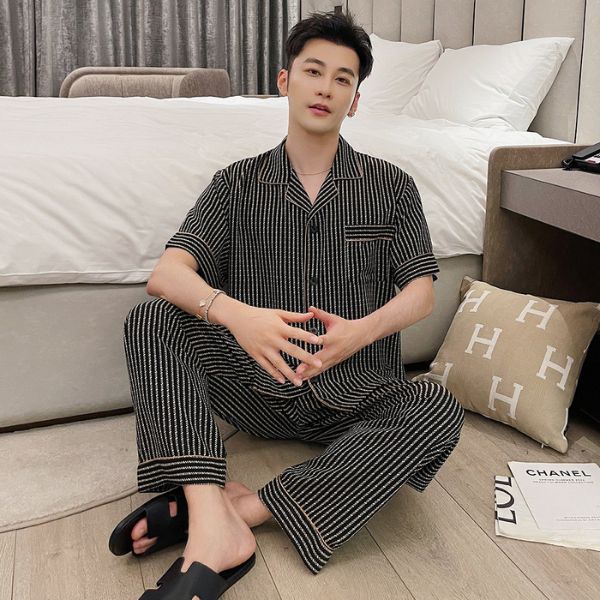 Bộ pijama nam kẻ sọc đen trắng tay ngắn quần dài chất mát mặc nhà thời trang