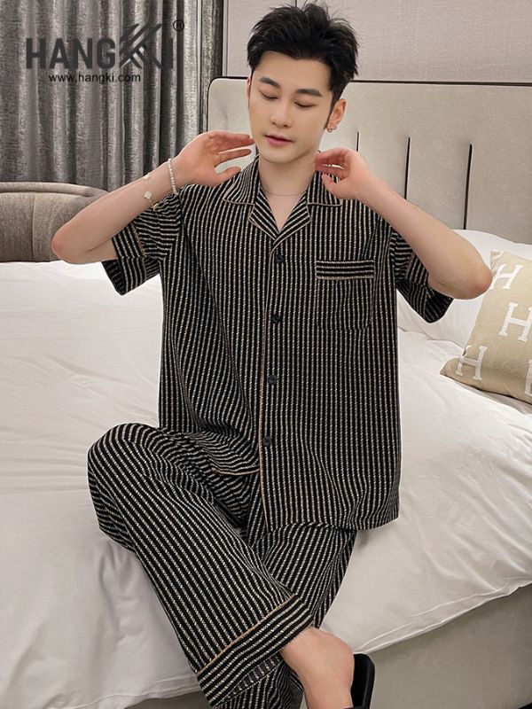 Bộ pijama nam kẻ sọc đen trắng tay ngắn quần dài chất mềm mại thương hiệu Hangxi