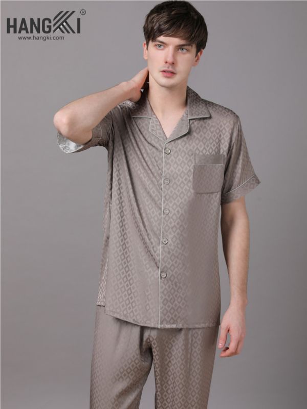 Bộ pijama lụa nam HANGKI màu xám họa tiết caro nhỏ tay ngắn quần dài
