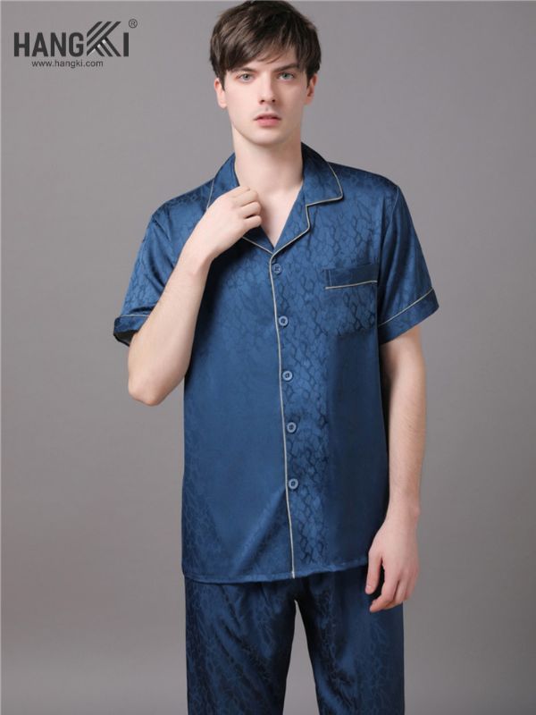 Bộ pijama lụa nam màu xanh navy tay ngắn quần dài thương hiệu Hangki