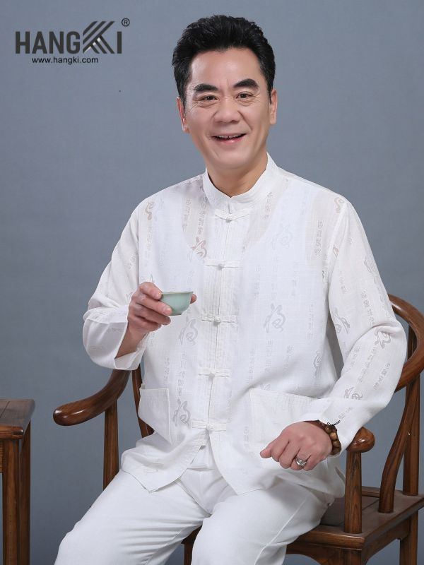 Áo dài tay nam trung niên màu trắng thương hiệu Hangki phong cách truyền thống Trung Hoa