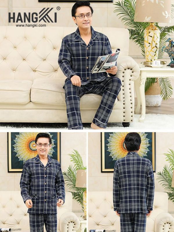 Bộ pijama nam kẻ caro xanh dài tay quần dài thương hiệu Hangki chất liệu mềm mại