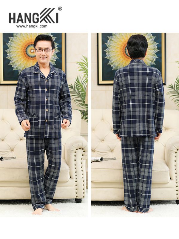 Bộ đồ ngủ nam kẻ caro dài tay màu xanh navy thương hiệu Hangki nhìn từ trước và sau