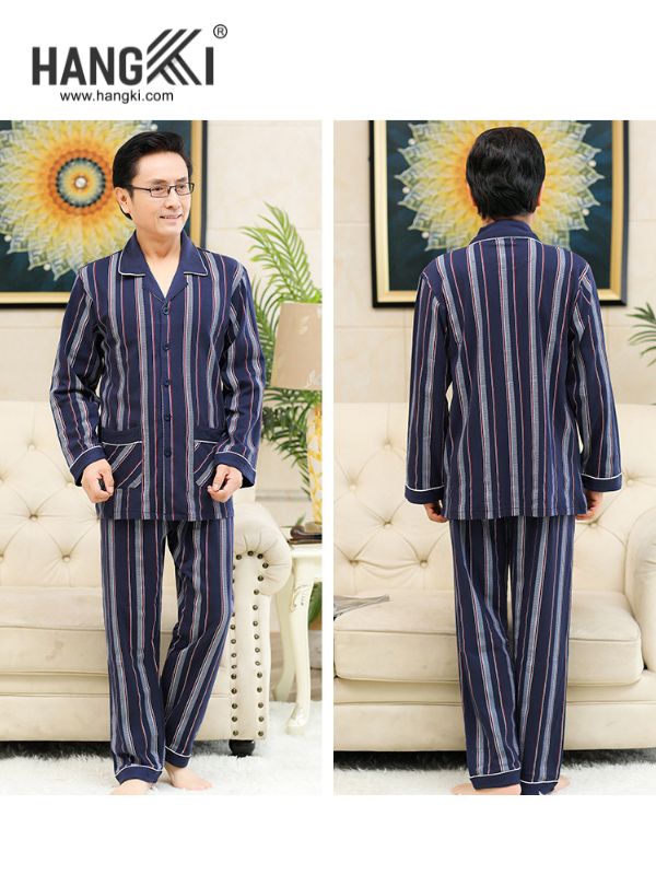 Bộ pijama nam dài tay kẻ sọc xanh navy thương hiệu Hangki nhìn từ trước và sau