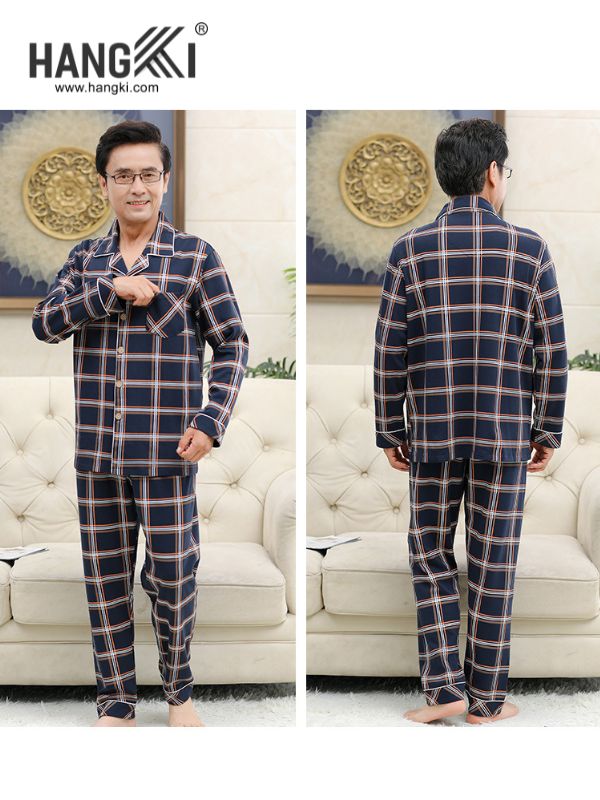 Bộ pijama nam kẻ caro dài tay màu xanh navy thương hiệu Hangki nhìn từ trước và sau