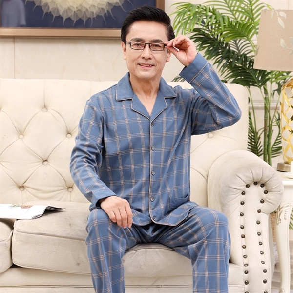 Bộ pijama nam trung niên kẻ caro xanh dài tay quần dài chất vải mềm mại mặc nhà