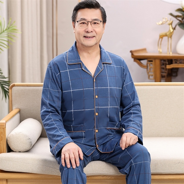 Bộ đồ ngủ nam trung niên màu xanh kẻ caro dài tay quần dài chất vải mềm mại