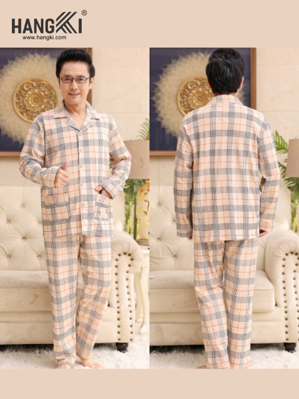 Bộ pijama nam trung niên HANGKI kẻ caro dài tay quần dài màu be hồng trước và sau
