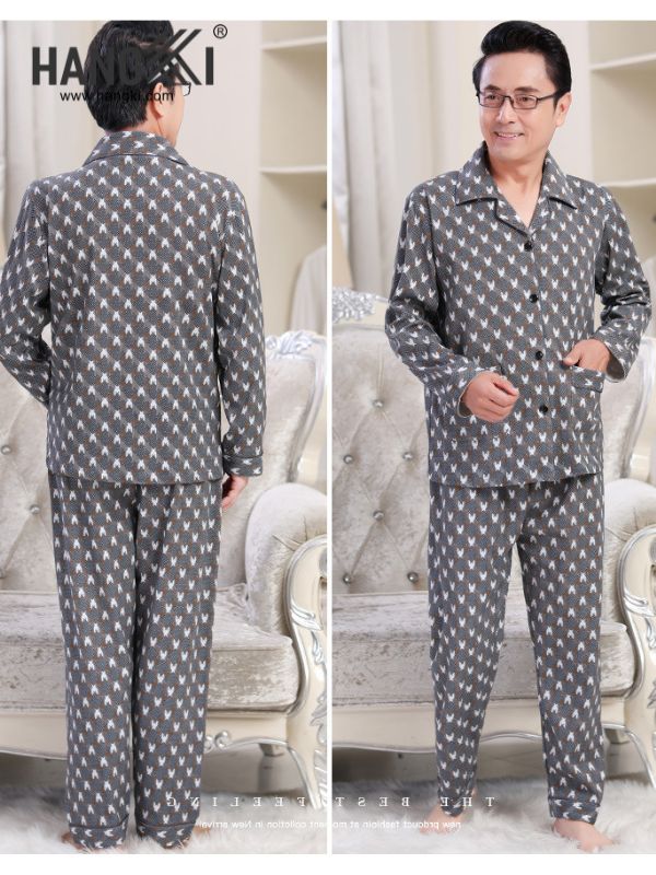 Bộ pijama nam HANESKI màu xám dài tay quần dài họa tiết nhỏ mặc trong phòng ngủ