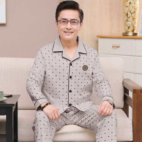 Bộ đồ ngủ nam trung niên màu xám họa tiết nhỏ dài tay quần dài chất liệu mềm mại