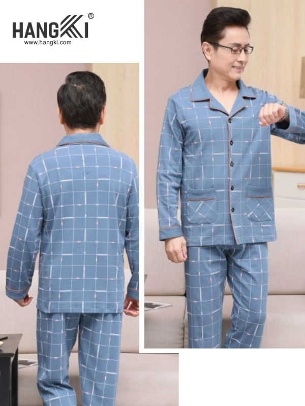 Bộ đồ ngủ nam HANGKI màu xanh caro dài tay quần dài chất vải mềm mại cho người trung niên