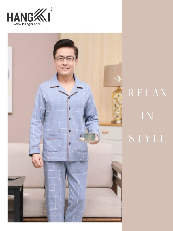 Bộ đồ ngủ nam trung niên HANGKI màu xanh kẻ caro dài tay, chất liệu mềm mại mặc ở nhà