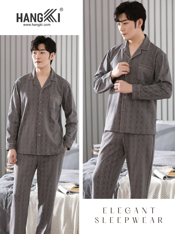 Bộ đồ ngủ nam HANGKI màu xám dài tay quần dài họa tiết đơn giản, chất liệu mềm mại thoải mái