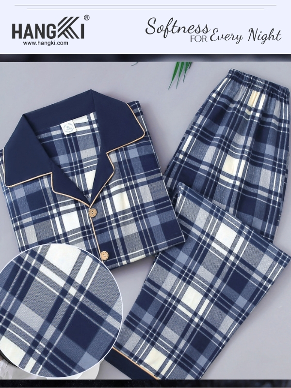 Bộ pijama kẻ caro xanh navy HANGKI tay dài quần dài chất vải mềm mại cho giấc ngủ thoải mái