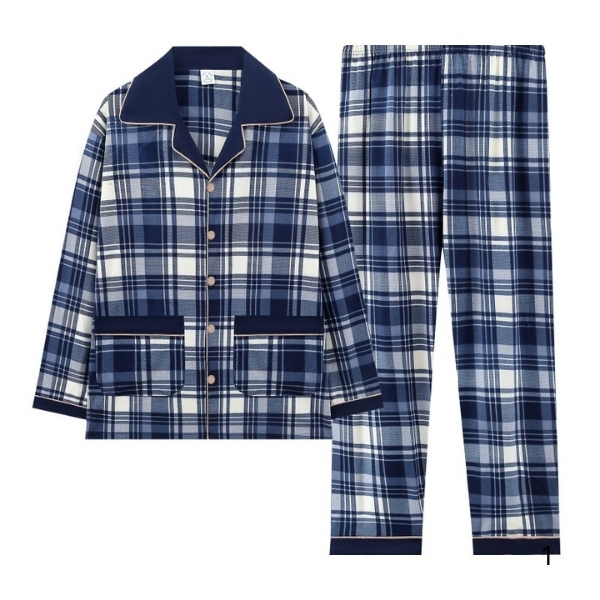 Bộ pijama dài tay kẻ caro xanh trắng cho nam với áo cài khuy và quần dài cùng họa tiết