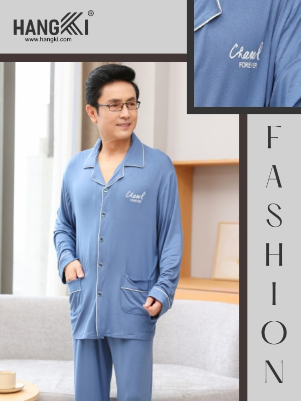 Bộ đồ ngủ nam màu xanh chất liệu mềm mại thương hiệu Hangki thiết kế dài tay có túi tiện lợi
