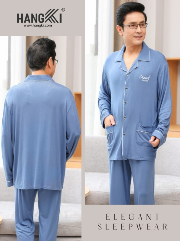 Bộ đồ ngủ nam màu xanh chất liệu mềm mại thương hiệu Hangki, thiết kế dài tay quần dài thoải mái