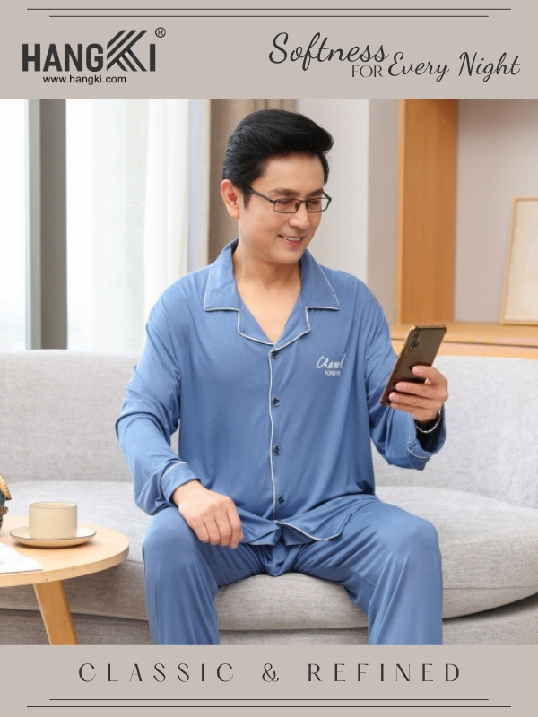Bộ đồ ngủ nam lụa màu xanh thương hiệu Hangki, thiết kế dài tay cổ bẻ, phong cách classic and refined