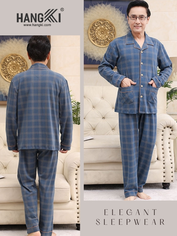 Bộ đồ ngủ nam trung niên HANGKI kẻ caro xanh dài tay quần dài chất vải mềm mại