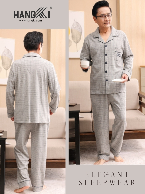 Bộ đồ ngủ nam HANGKI màu xám kẻ caro dài tay quần dài chất liệu mềm mại cho người trung niên