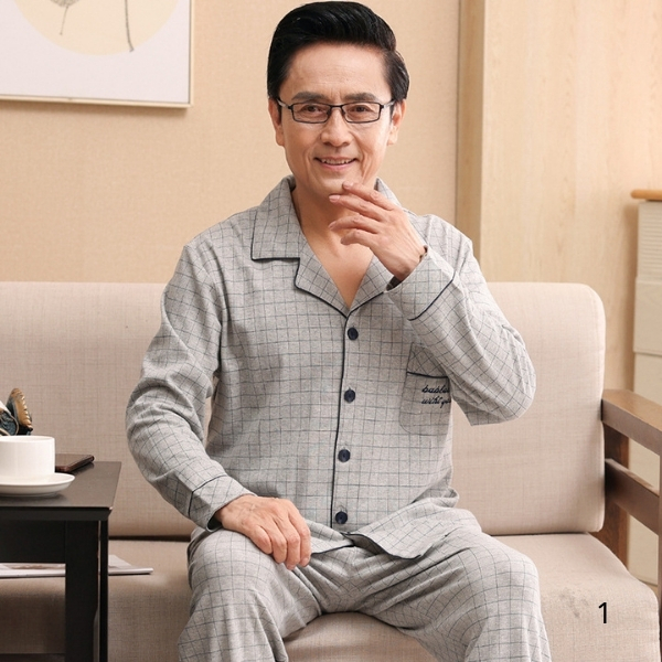 Bộ đồ ngủ nam trung niên màu xám kẻ caro dài tay quần dài chất liệu mềm mại