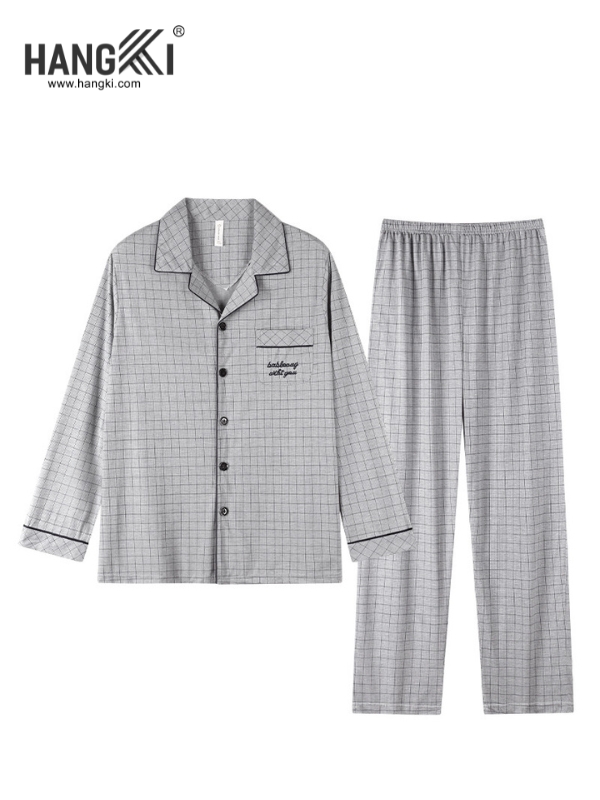 Bộ pijama dài tay kẻ caro màu xám thương hiệu Hangki cho nam nữ