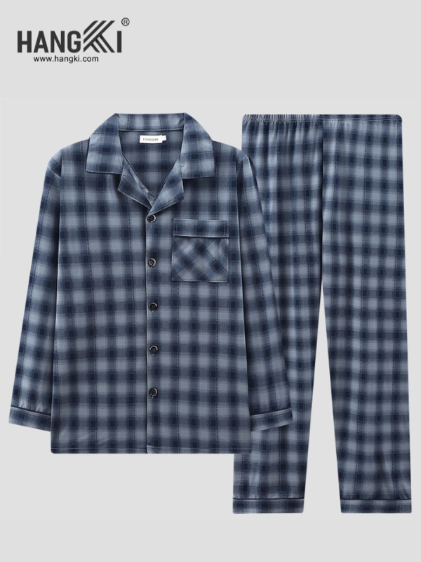 Bộ pijama nam HANGKI dài tay quần dài kẻ caro xanh chất vải mềm mại