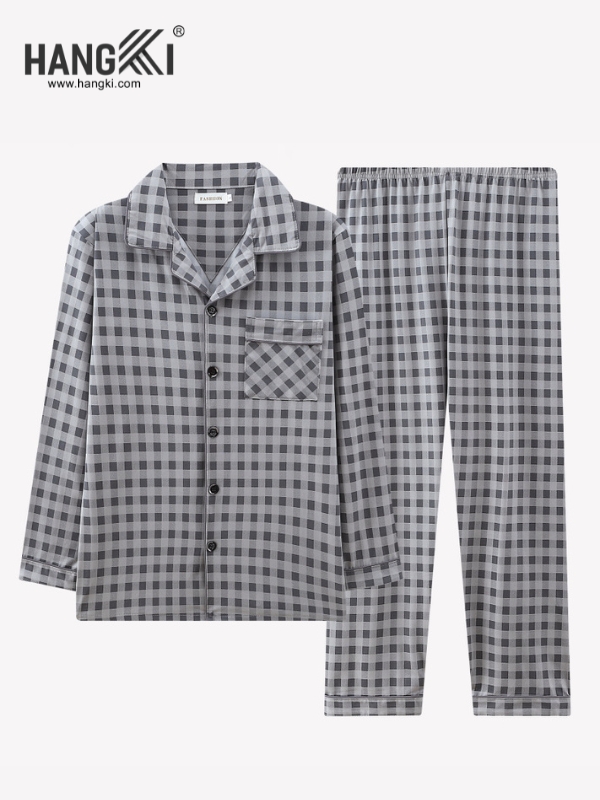 Bộ pijama dài tay kẻ caro xám đen HANGKI cho nam với áo cài cúc và quần dài lưng thun