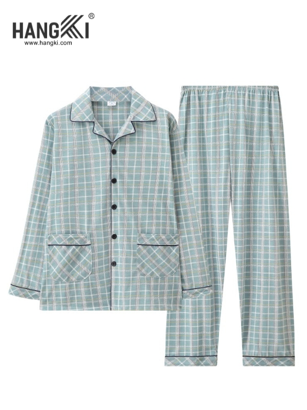 Bộ pijama dài tay HANGKI kẻ caro xanh nhạt cho nam nữ chất vải mỏng nhẹ