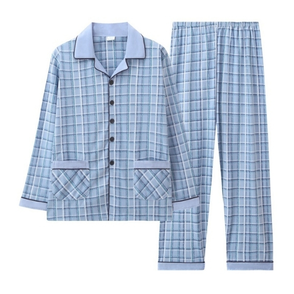 Bộ pijama dài tay kẻ caro màu xanh nhạt cho nam chất liệu vải mềm mại