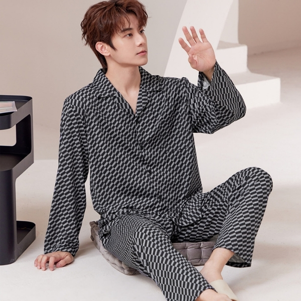 Bộ pijama nam dài tay họa tiết caro đen xám chất liệu mềm mại mặc nhà