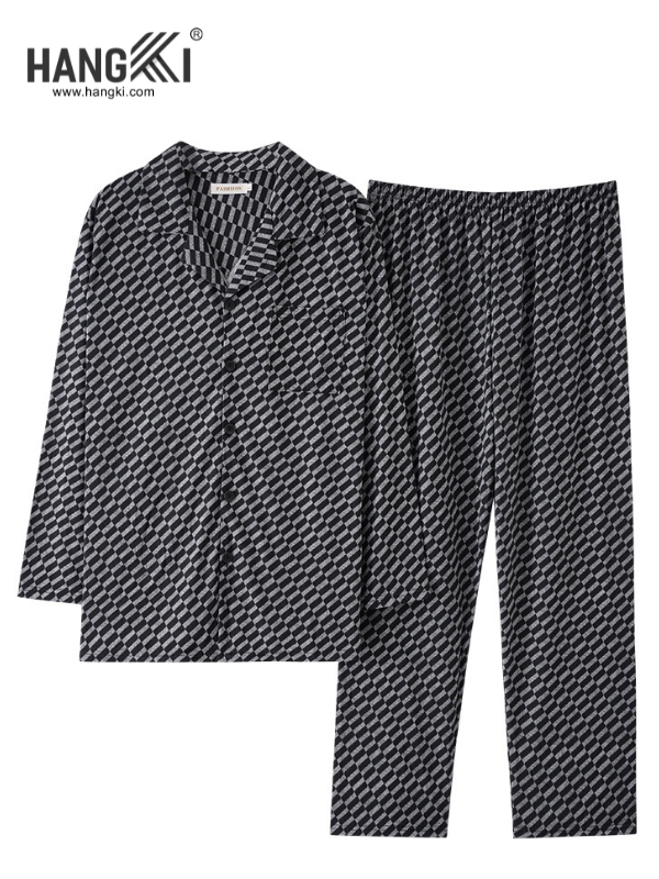 Bộ pijama dài tay họa tiết caro đen xám thương hiệu Hangki cho nam nữ