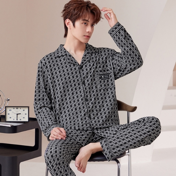 Bộ pijama nam dài tay họa tiết caro đen trắng chất liệu mềm mại mặc ở nhà