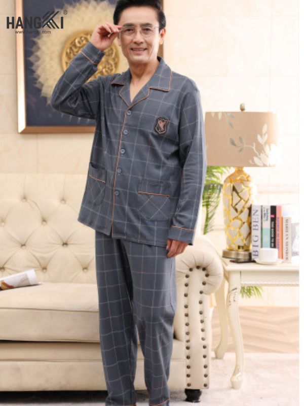 Bộ pijama nam trung niên kẻ caro màu xám tay dài quần dài chất vải mềm mại