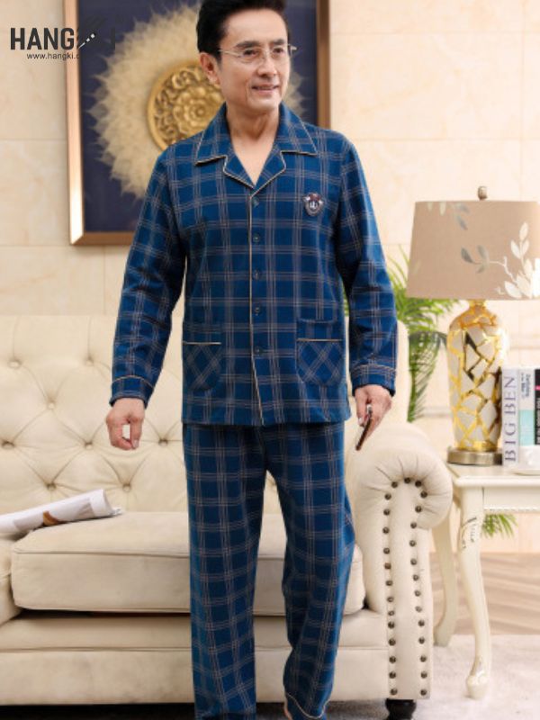 Bộ pijama nam trung niên kẻ caro xanh dài tay quần dài chất vải mềm mại mặc nhà