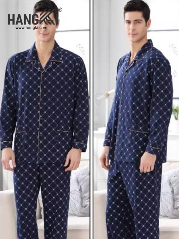 Bộ đồ ngủ nam dài tay màu xanh navy họa tiết caro nhỏ chất vải mềm mại thoải mái