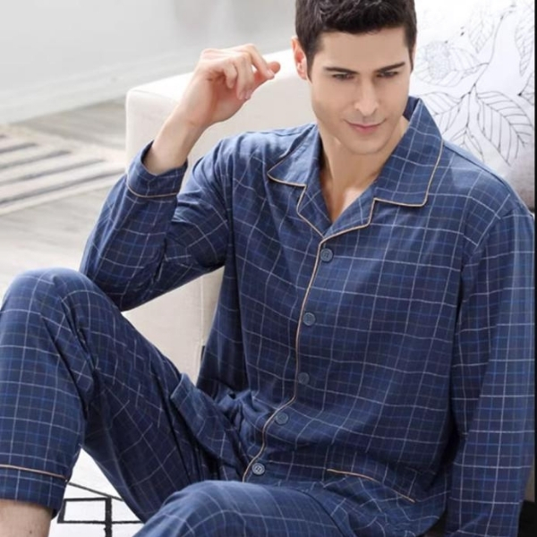 Bộ đồ ngủ nam dài tay kẻ caro xanh navy chất vải mềm mại thoải mái khi mặc nhà